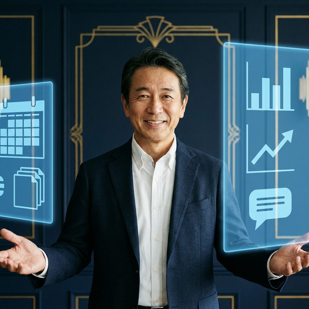 右腕と左腕のAIに囲まれた保険営業の男性