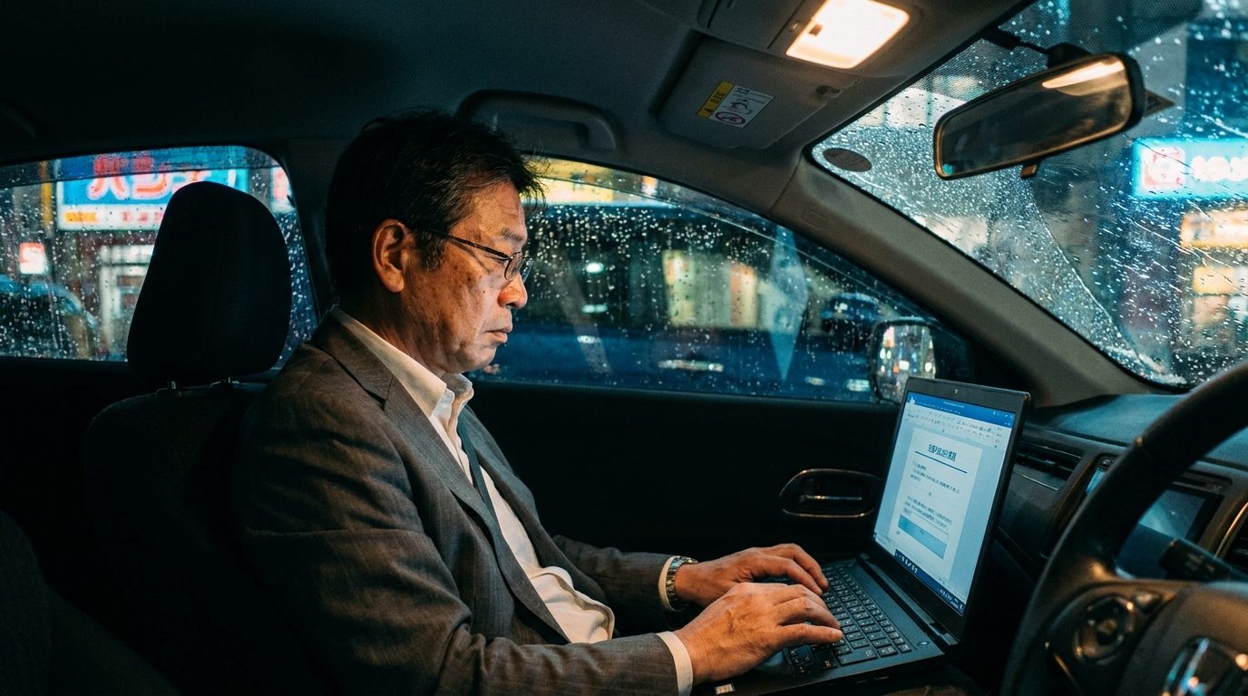 夜の車内で提案書を作る保険営業の男性