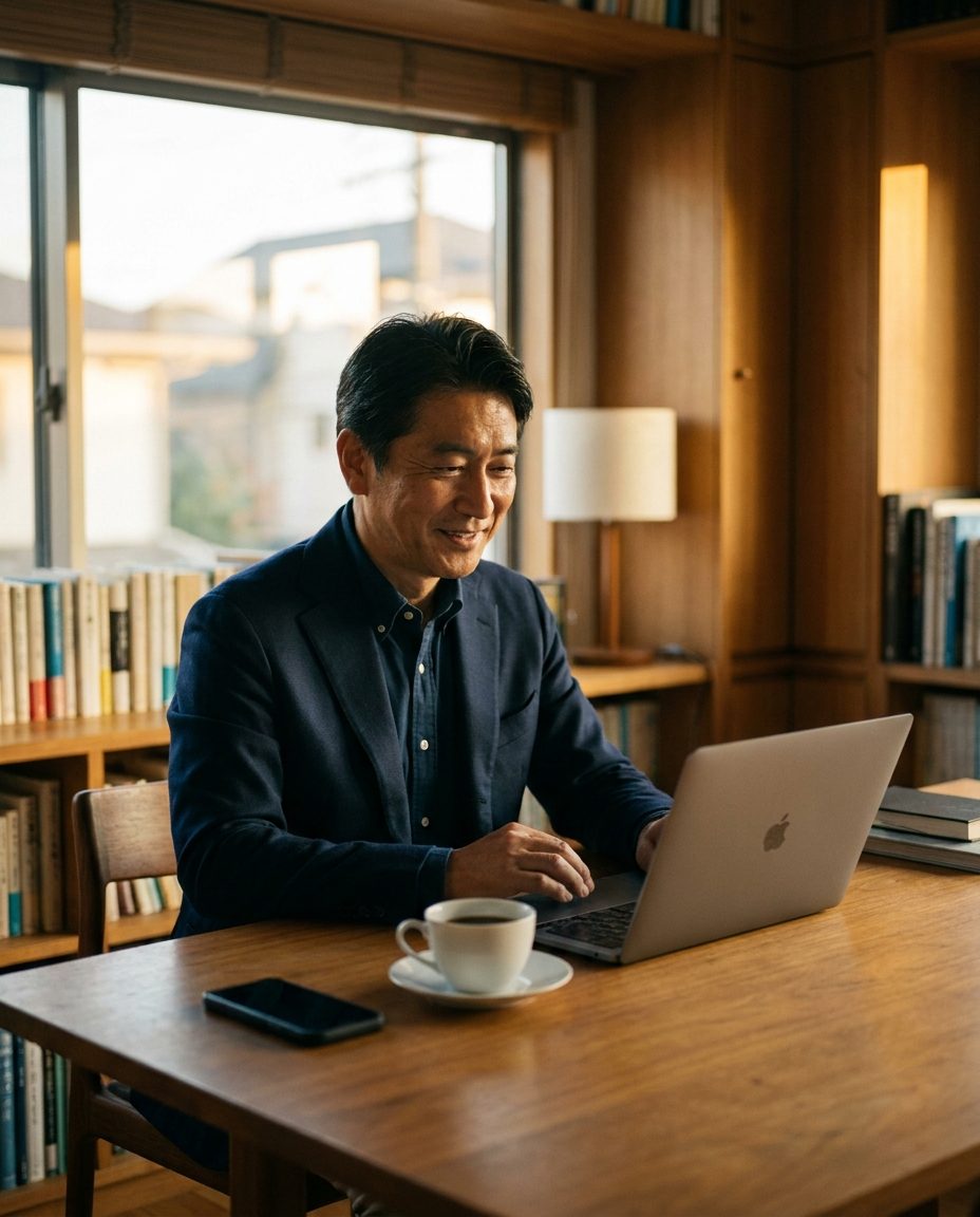 自宅の書斎でノートパソコンを開く保険営業の男性