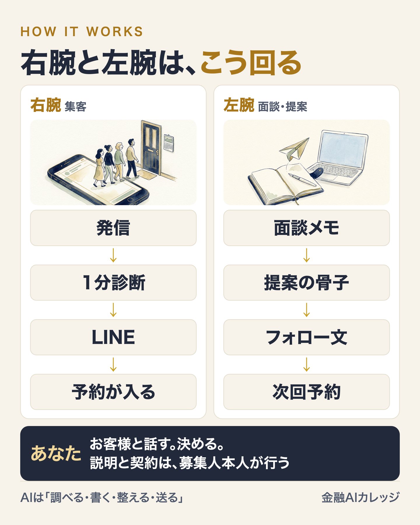 右腕と左腕はこう回る。右腕は発信、1分診断、LINE、予約が入る。左腕は面談メモ、提案の骨子、フォロー文、次回予約。あなたはお客様と話す、決める。説明と契約は募集人本人が行う。